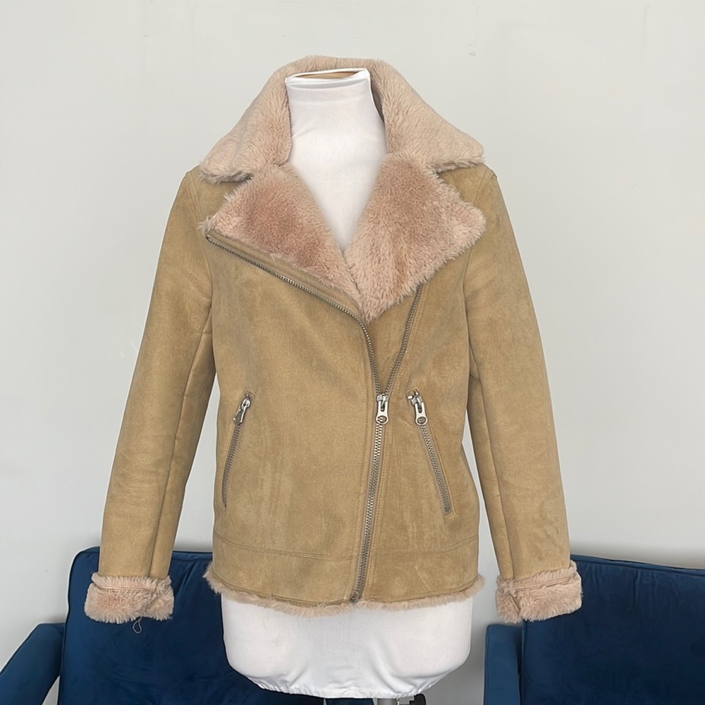 H&M Faux Suede Fur Lined Moto Jacket Coat